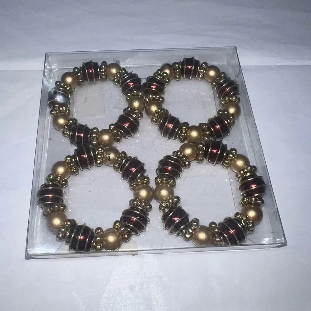 Set of Four Gold and Red Beaded Napkin Holders